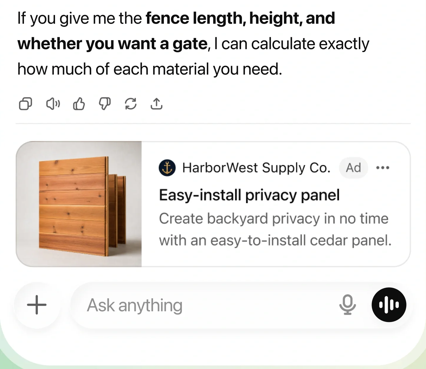 ตัวอย่าง ChatGPT Ads จาก OpenAI โฆษณา HarborWest แสดงเป็นกล่องแยกใต้คำตอบของ ChatGPT บนมือถือ