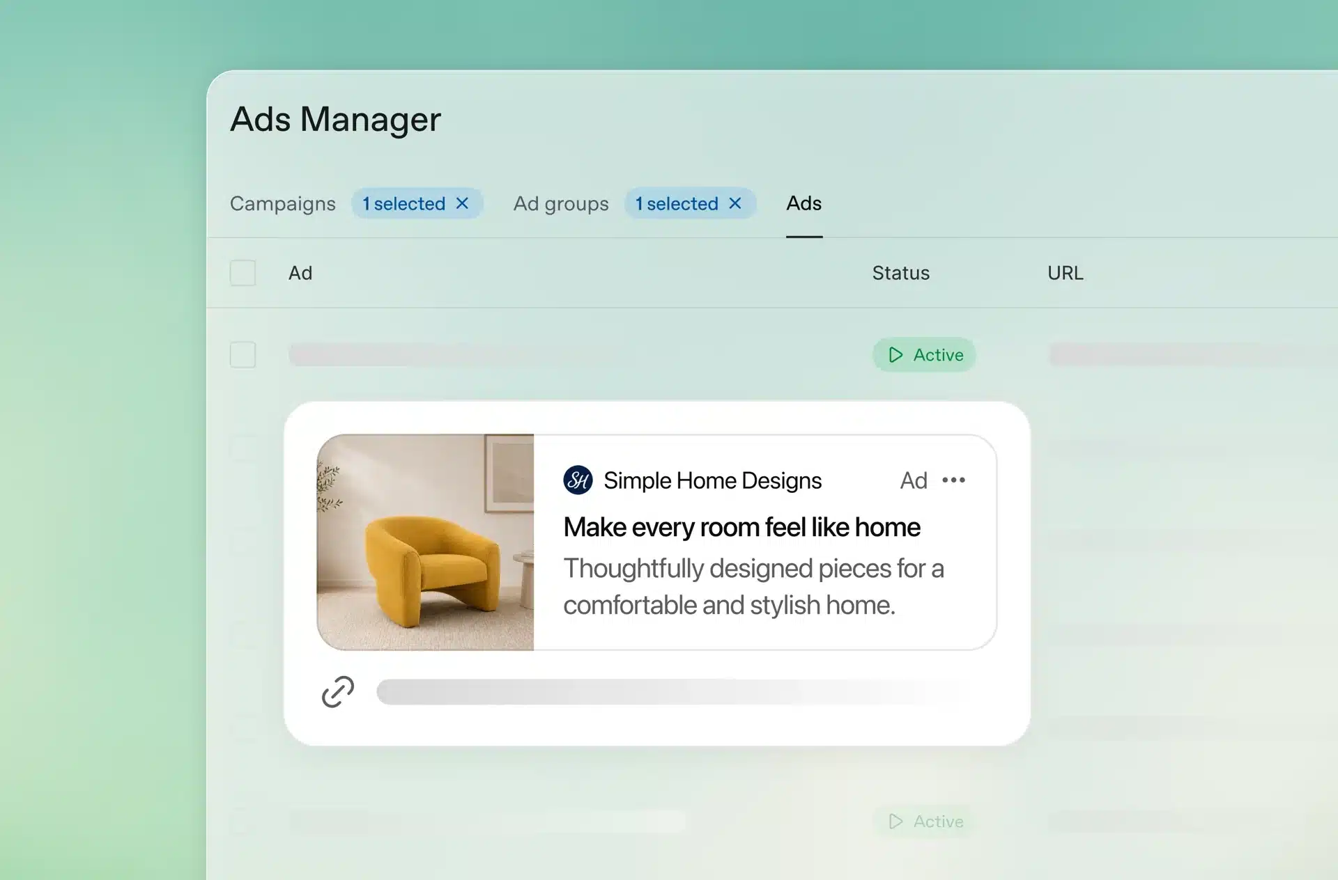 หน้า OpenAI Ads Manager แสดงตัวอย่างโฆษณา Simple Home Designs พร้อมป้าย Ad