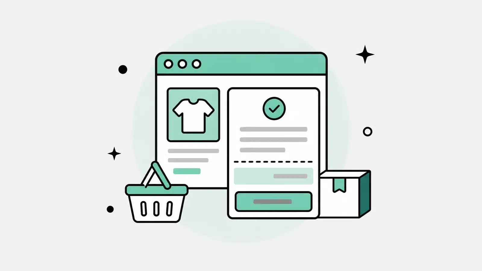 ภาพประกอบร้านค้าออนไลน์ WooCommerce ที่มีหน้าร้าน ตะกร้าสินค้า แผงชำระเงินปุ่มสีเขียวมิ้นต์ และกล่องพัสดุ